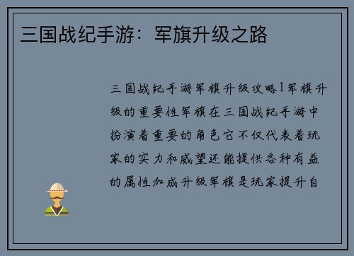 三国战纪手游：军旗升级之路